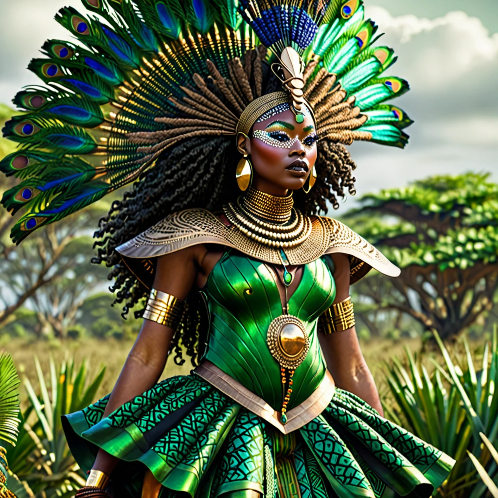 Photorealistic, a thick body black woman in African tribal luxury clothes, green savannahs biome background, birds flying, Peacock Clothes, African goddess, afrofuturism, afrofuturism fashion, ultra quality, masterpiece, intricate details, very detailed, beautiful face, 8K, cinematic scene, photorealistic, cabelo castanho enrolado, curly Hair, afrofuturism fashion