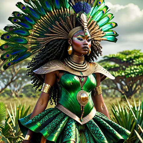 photorealistic, a thick body black woman in african tribal luxury clothes, green savannahs biome background, birds flying, peaco...