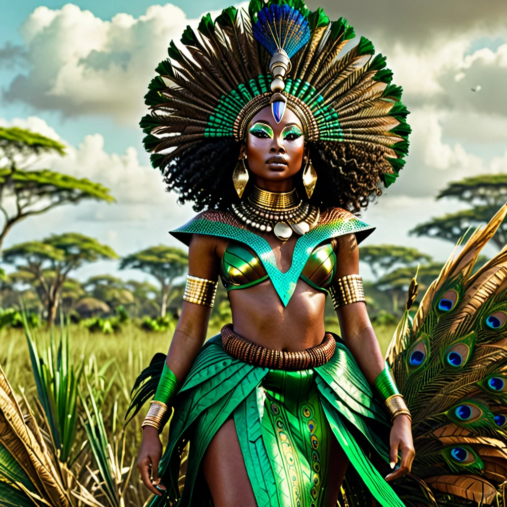 Photorealistic, a thick body black woman in African tribal luxury clothes, green savannahs biome background, birds flying, Peacock Clothes, African goddess, afrofuturism, afrofuturism fashion, ultra quality, masterpiece, intricate details, very detailed, beautiful face, 8K, cinematic scene, photorealistic, cabelo castanho enrolado, curly Hair, afrofuturism fashion