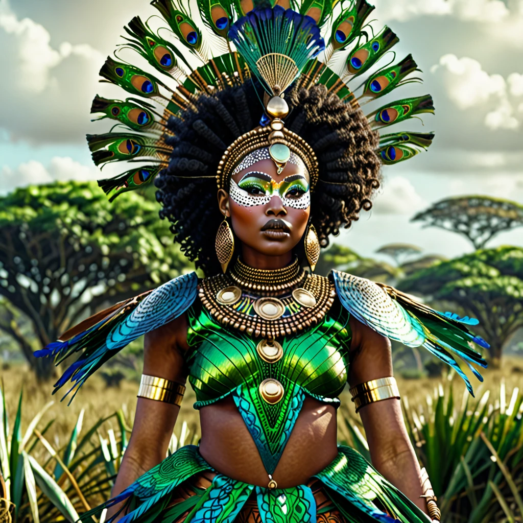 Photorealistic, a thick body black woman in African tribal luxury clothes, green savannahs biome background, birds flying, Peacock Clothes, African goddess, afrofuturism, afrofuturism fashion, ultra quality, masterpiece, intricate details, very detailed, beautiful face, 8K, cinematic scene, photorealistic, cabelo castanho enrolado, curly Hair, afrofuturism fashion