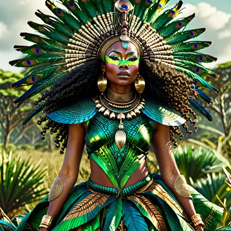 photorealistic, a thick body black woman in african tribal luxury clothes, green savannahs biome background, birds flying, peaco...