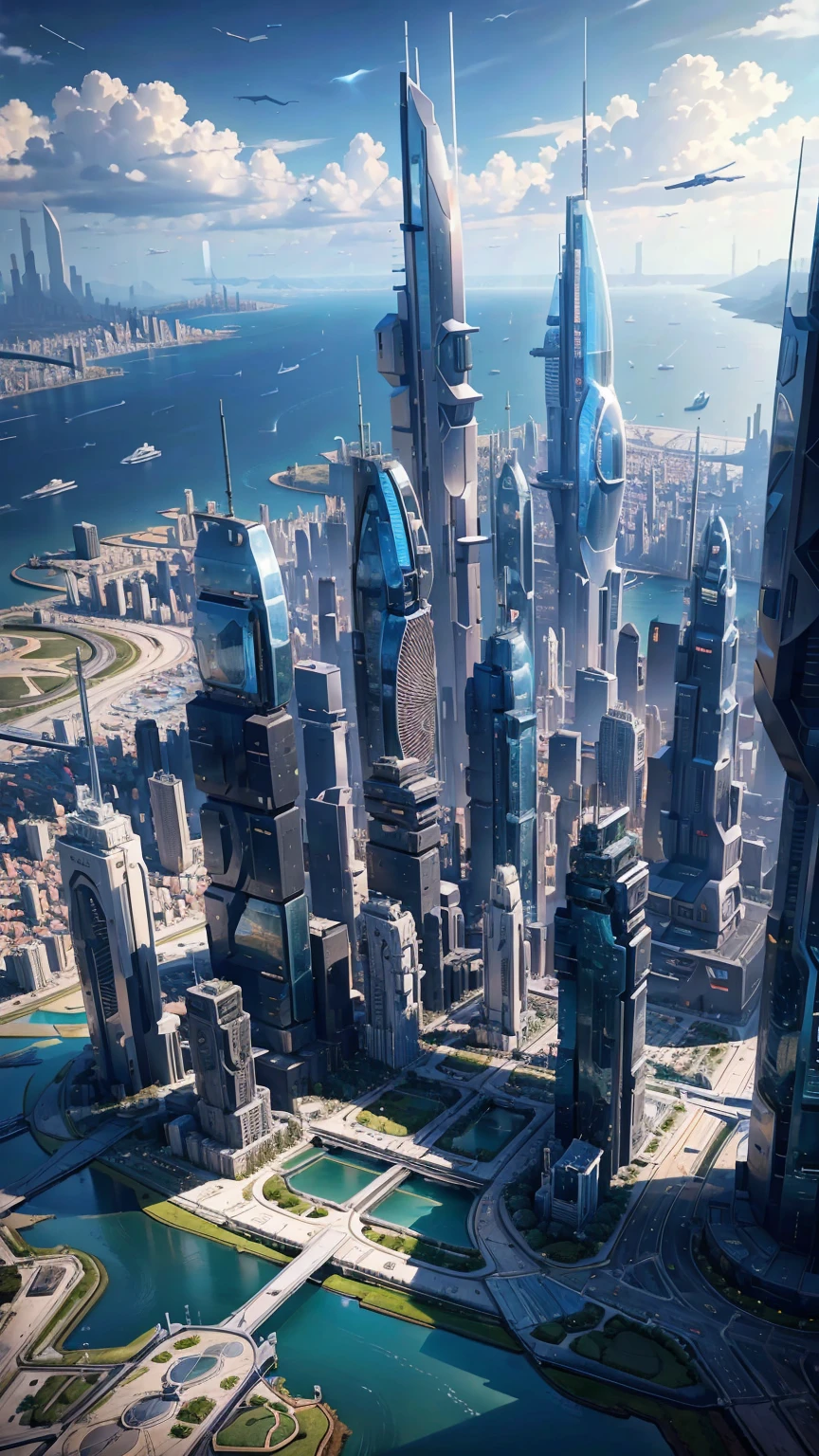 The city of the future as seen from an airplane:1.5,port,Flying spaceship,Skyscraper,masterpiece,best quality,Ultra-high resolution,(Very detailed:1.2),8K,Reality,Best aesthetics,beautiful