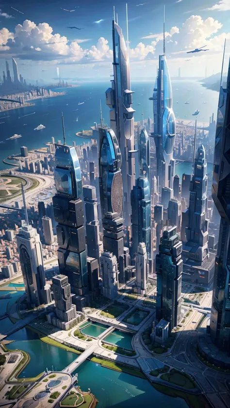 The city of the future as seen from an airplane:1.5,port,Flying spaceship,Skyscraper,masterpiece,best quality,Ultra-high resolut...