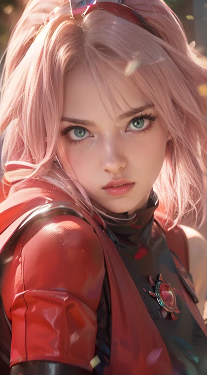 young woman, short shoulder-length pink hair, wide forehead, porcelain skin, pink eyebrows, big emerald green eyes, buttoned nose, full lips, heart-shaped face, slender body, small breasts, red tank top, Sakura Haruno , realistic, realism, details, 3d, well detailed
