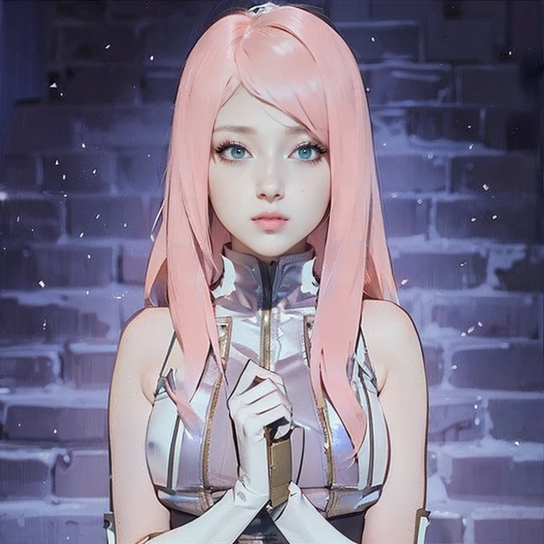 young woman, short shoulder-length pink hair, wide forehead, porcelain skin, pink eyebrows, big emerald green eyes, buttoned nose, full lips, heart-shaped face, slender body, small breasts, red tank top, Sakura Haruno , realistic, realism, details, 3d, well detailed
