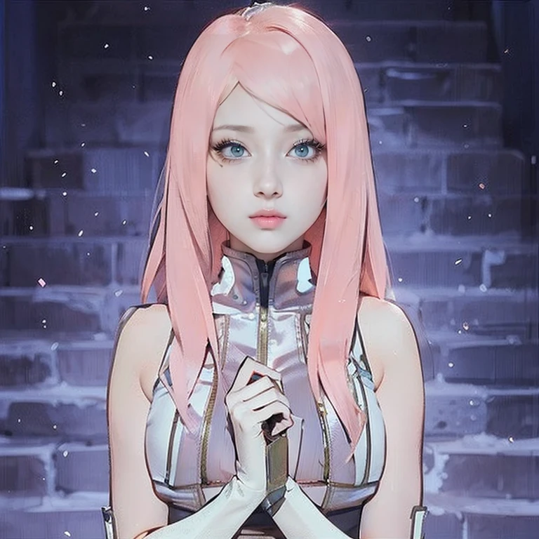 young woman, short shoulder-length pink hair, wide forehead, porcelain skin, pink eyebrows, big emerald green eyes, buttoned nose, full lips, heart-shaped face, slender body, small breasts, red tank top, Sakura Haruno , realistic, realism, details, 3d, well detailed
