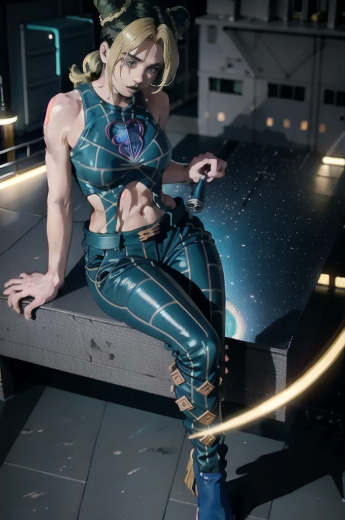 masterpiece, best quality, 1girl, solo, giant, giant, (((towering you)))), (full body), 1girl, jolynejojo, devouring a planet, digital art, masterpiece, green hair and blue, cropped, sleeveless, wearing pants, in outer space