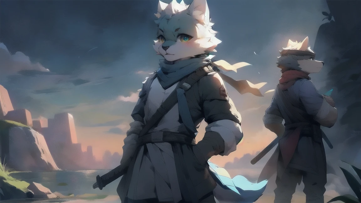 Wolf，juvenile，male，Gray-black fur，Sky blue eyes，Ancient combat uniform，scarf，Holding a long sword，Scabbard back，permanent，The only one,dawn，illumination，Break