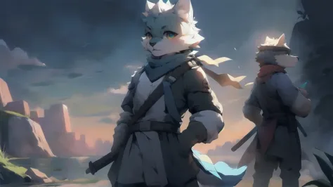 Wolf，juvenile，male，Gray-black fur，Sky blue eyes，Ancient combat uniform，scarf，Holding a long sword，Scabbard back，permanent，The on...