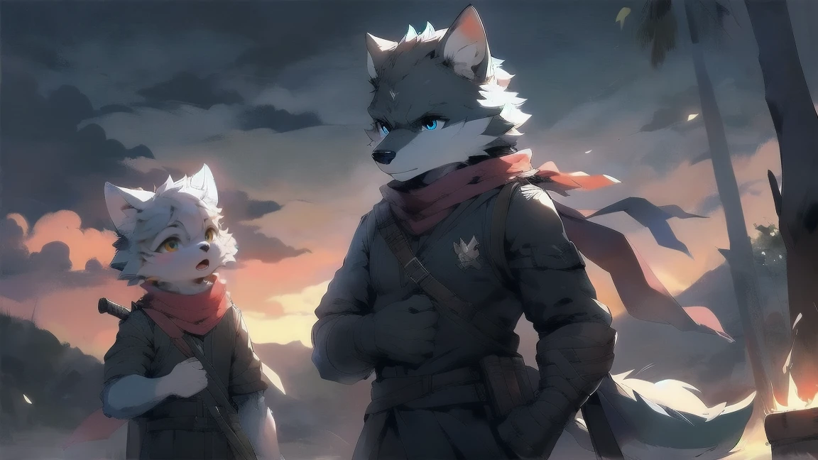 Wolf，juvenile，male，Gray-black fur，Sky blue eyes，Ancient combat uniform，scarf，Holding a long sword，Scabbard back，permanent，The only one,dawn，illumination，Break