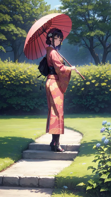 A beautiful, mature woman in a traditional Japanese kimono, standing in a serene Japanese garden filled with blooming hydrangeas...