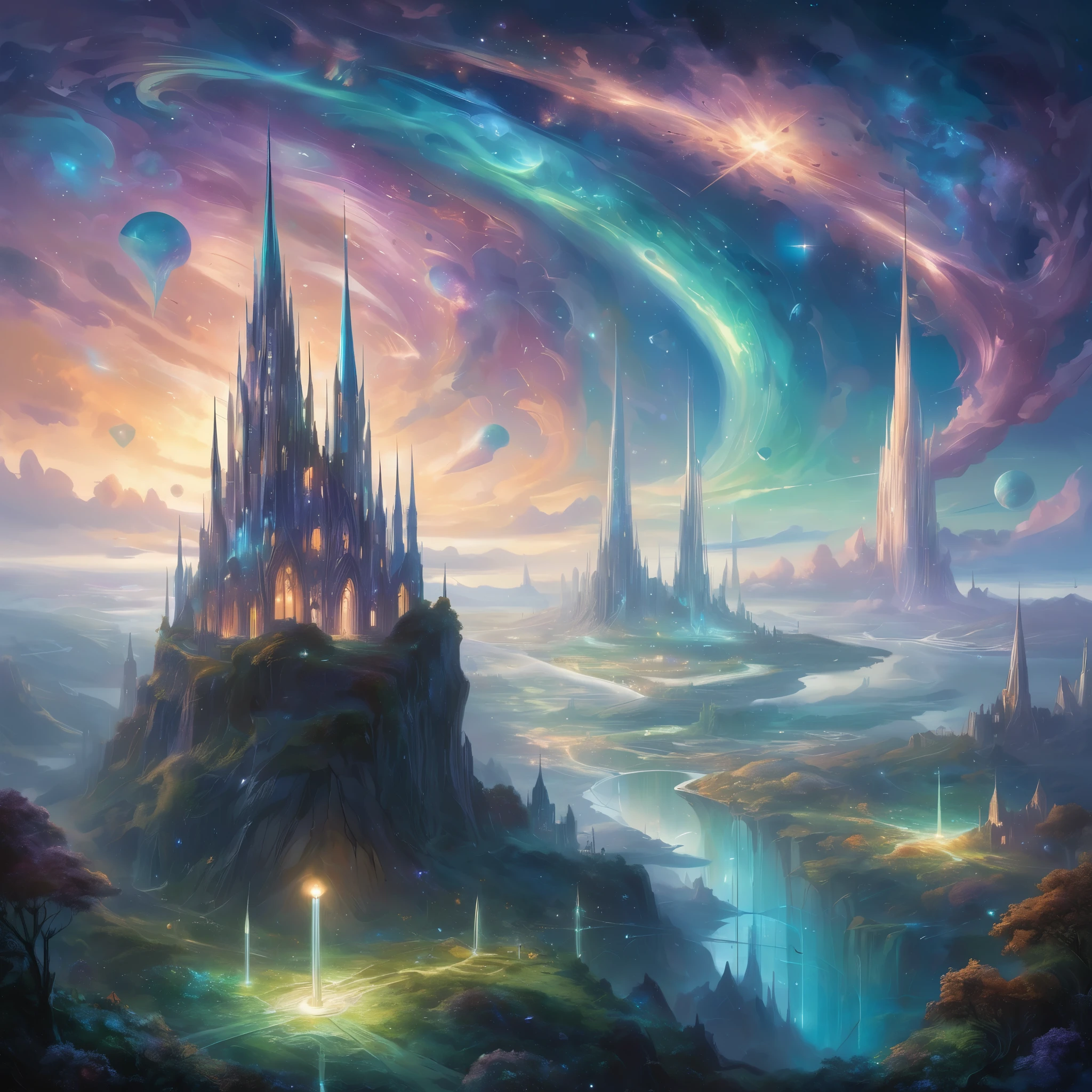 Create an astonishingly imaginative and visually striking scene inspired by the style of Adolavar Etapna. Picture an expansive, surreal landscape where the boundaries between reality and fantasy blur. In the foreground, a towering crystal spire emerges from the ground, its facets catching and refracting light in a dazzling array of colors. Around the spire, floating islands drift serenely in the sky, connected by delicate, shimmering bridges.

The inhabitants of this world are ethereal beings with luminescent skin and intricate, organic designs on their bodies. They move gracefully through the air, leaving trails of light and energy in their wake. Some are engaged in ritualistic dances around the spire, while others are tending to gardens of bioluminescent plants that glow in a myriad of vibrant hues.

In the background, a distant cityscape of towering, futuristic structures rises against a backdrop of swirling nebulae and constellations. The sky is a rich tapestry of colors, with galaxies and star clusters adding depth and wonder to the scene. The overall color palette should be vibrant and otherworldly, with a focus on iridescent blues, purples, and greens, contrasted by the warm, golden light emanating from the spire and the ethereal beings.

The entire image should evoke a sense of awe and wonder, capturing the viewer's imagination and transporting them to a fantastical, dreamlike world that is both beautiful and mysterious.