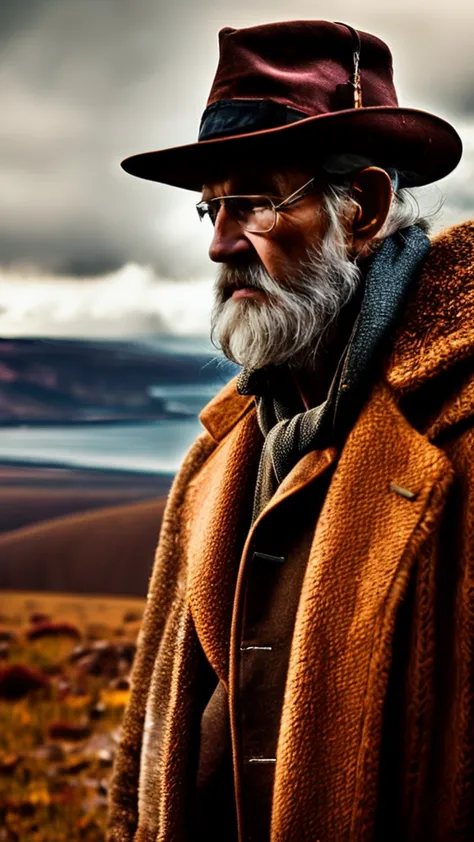 a grizzled old man with an eyepatch, rugged weathered face, piercing gaze, wearing a tattered coat, standing in a moody, atmosph...