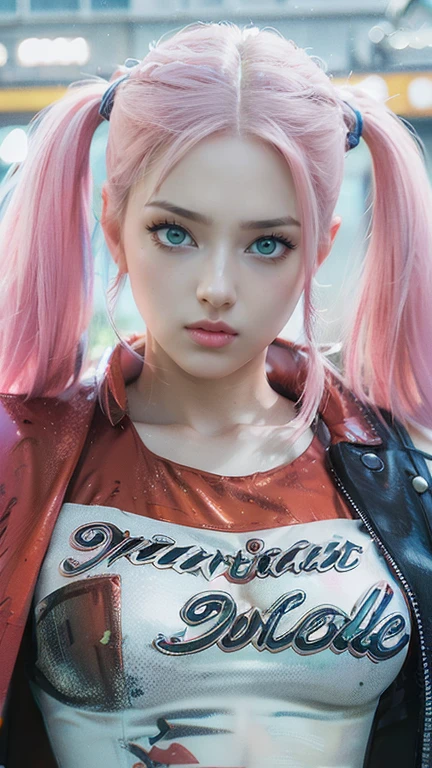 young woman, short shoulder-length pink hair, wide forehead, porcelain skin, pink eyebrows, big emerald green eyes, buttoned nose, full lips, heart-shaped face, slender body, small breasts, red tank top, Sakura Haruno , realistic, realism, details, 3d, well detailed
