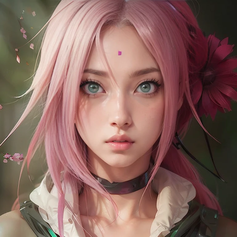 young woman, short shoulder-length pink hair, wide forehead, porcelain skin, pink eyebrows, big emerald green eyes, buttoned nose, full lips, heart-shaped face, slender body, small breasts, red tank top, Sakura Haruno , realistic, realism, details, 3d, well detailed
