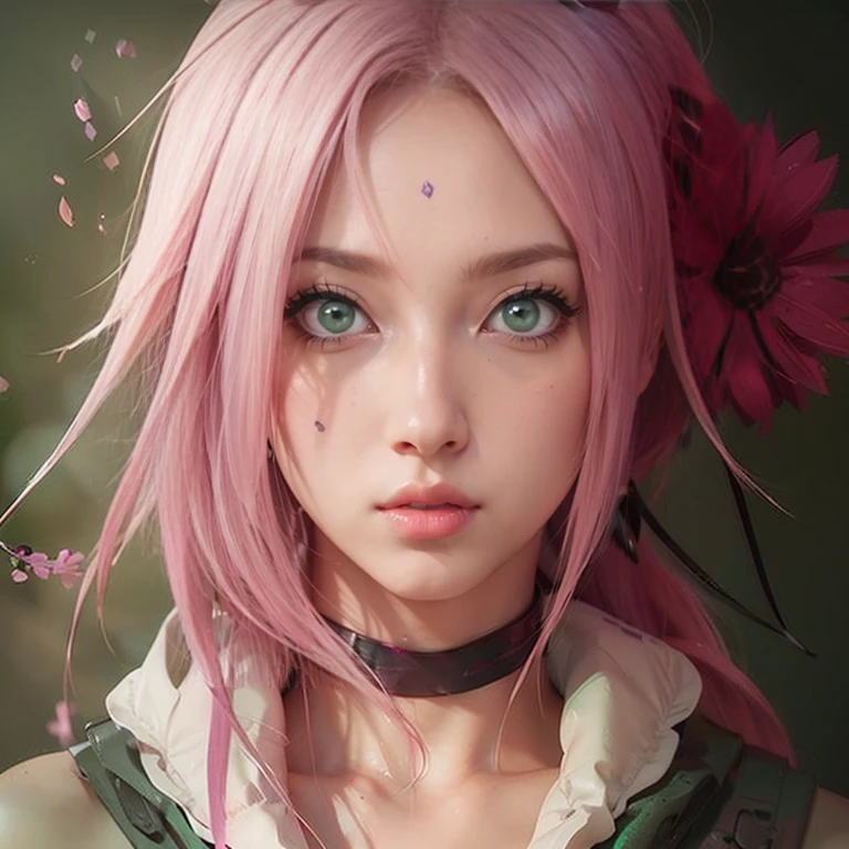 young woman, short shoulder-length pink hair, wide forehead, porcelain skin, pink eyebrows, big emerald green eyes, buttoned nose, full lips, heart-shaped face, slender body, small breasts, red tank top, Sakura Haruno , realistic, realism, details, 3d, well detailed
