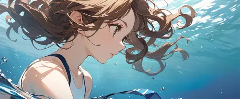 (Highest quality、Very detailed、Very detailed and beautiful、Ultra-high resolution) 、In the water、Swimming girl、{Brown Hair、short ...