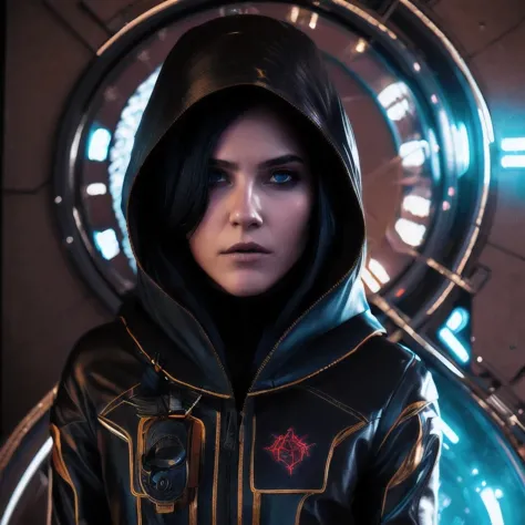a close up of a person in a hoodedie standing in front of a clock, techwear occultist, dystopian sci-fi character, epic scifi ch...