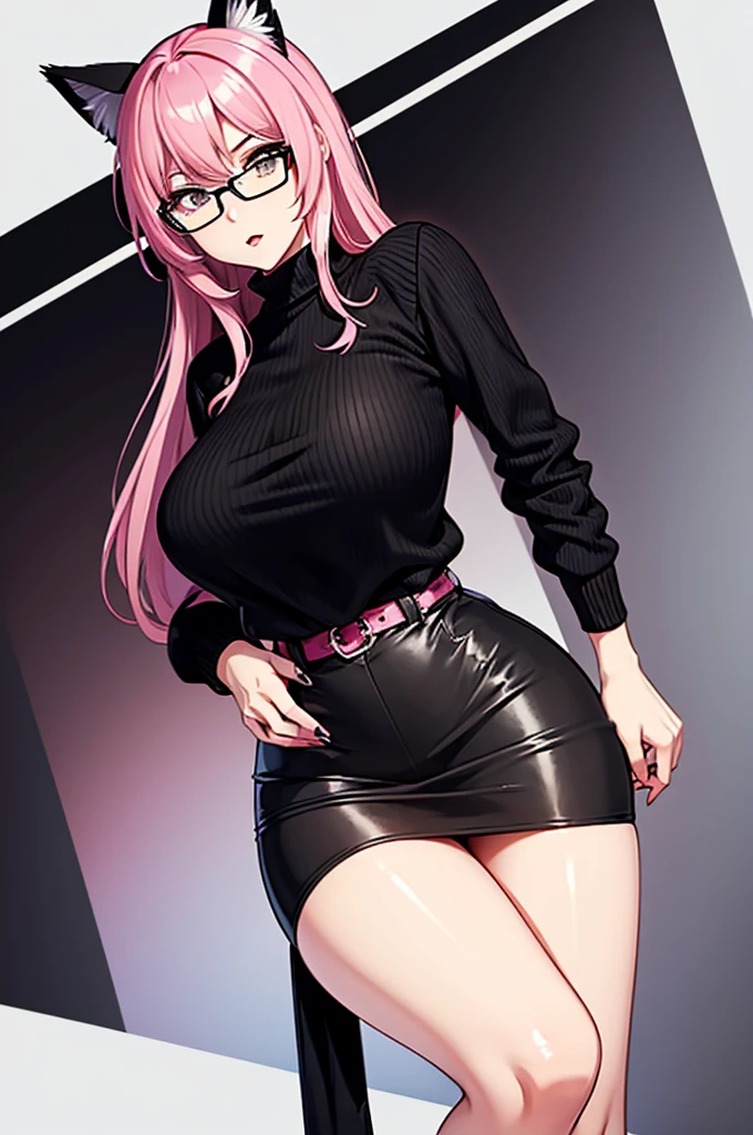 Tall girl with pink hair with cat ears wears a short black sweater and a short black skirt and black stockings on her legs with big breasts and wide hips and wears glasses and has a pink cat tail and a cute expression