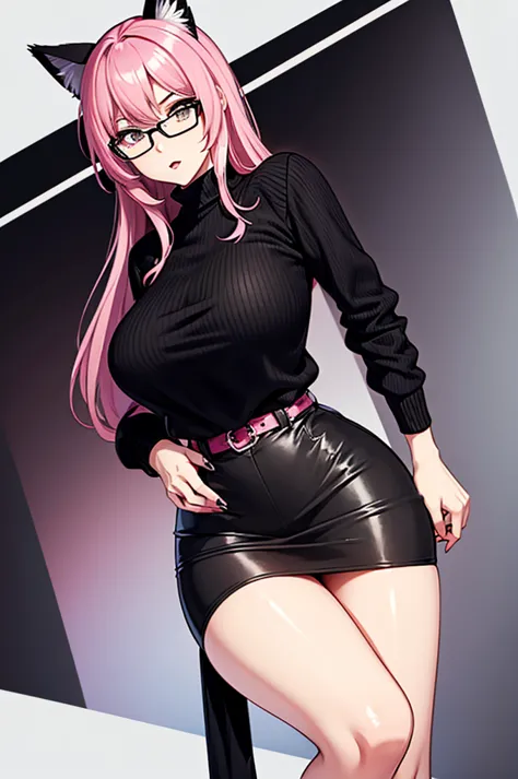 Tall girl with pink hair with cat ears wears a short black sweater and a short black skirt and black stockings on her legs with ...