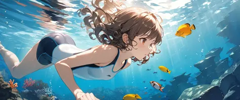 (Highest quality、Very detailed、Very detailed and beautiful、Ultra-high resolution) 、In the water、Swimming girl、{Brown Hair、short ...