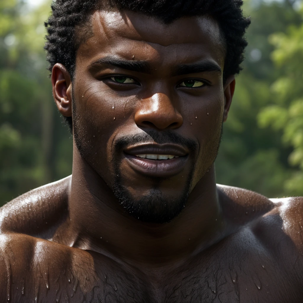 (solo, african black male), extreme close-up, portrait, masculine, square jaw, cleft chin, stubble, handsome, parted smile, (chubby:0.1), beautiful brown green, thick eyebrows, eyelashes, sweating, ultra skin texture, hairy body. (4K, MASTERPIECE, HDR, HD, HIGH QUALITY, NATURE BACKGROUND, sunlight from behind, ULTRA DETAILED, DETAILED HAIR, FACIL HAIR, ULTRA REALISTIC, PHOTOREALISTIC, SHARP DETAILS, MICRO HAIR:1.0).