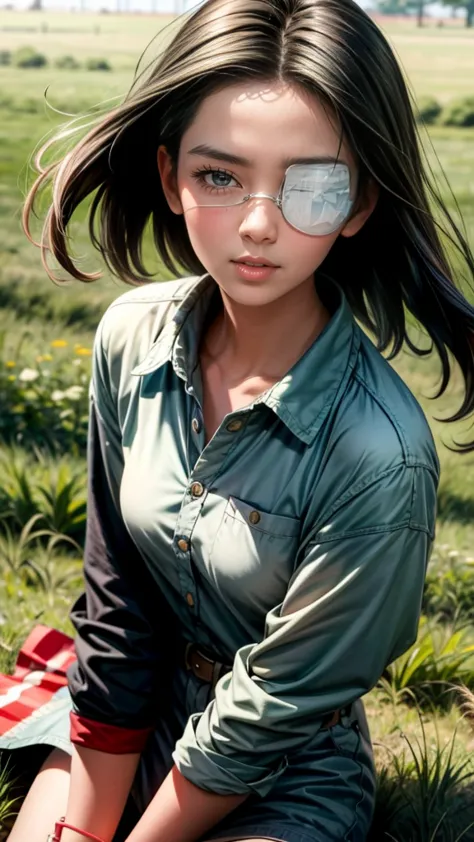 Girls with eyepatches、play in the grassland