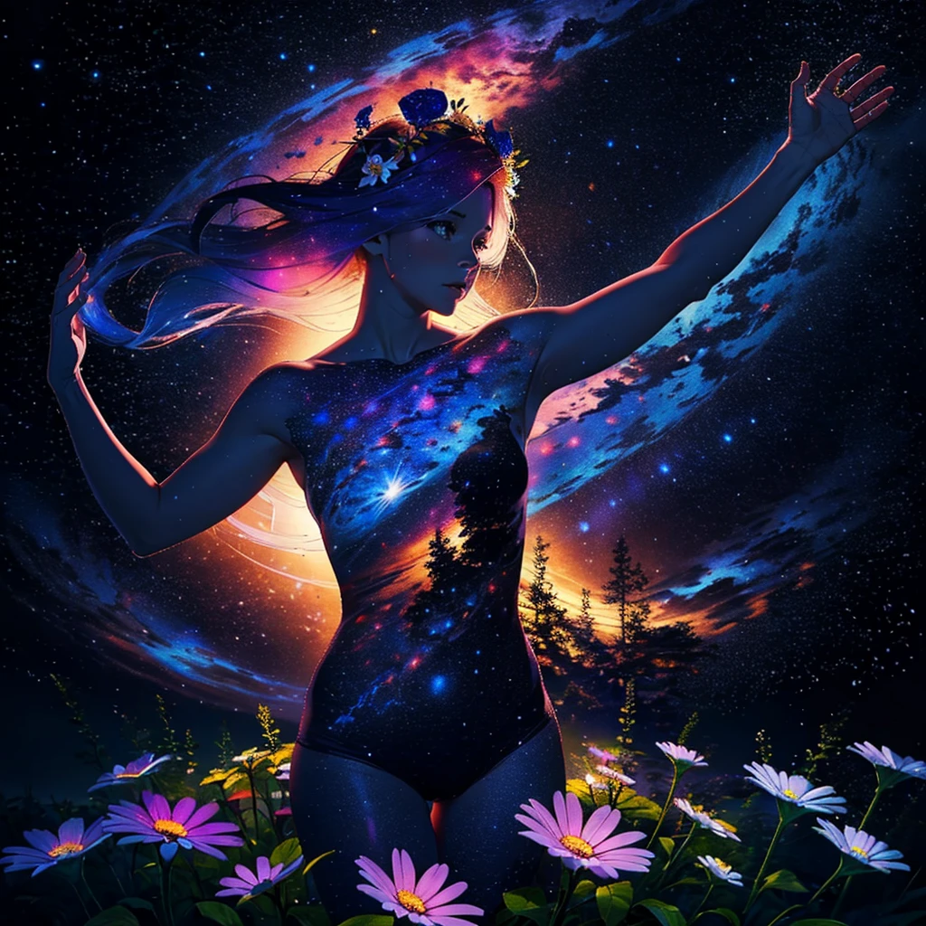 high quality, 最high quality, masterpiece, Detailed portrait of a woman 1, Long Hair, (floating, space, Milky Way, colorful), Warm lighting, goddess, Milky Way, scenery, Colorful flower crown in hair, {{{最high quality}}}, {{Super detailed}}, {figure}, Movie angle, {Detailed light},Cinema Lighting, Celestial, Dynamic pose