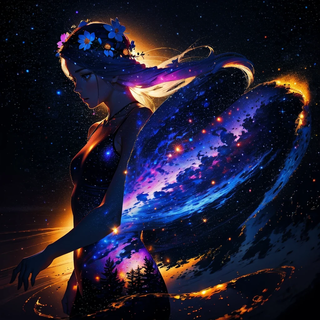 high quality, 最high quality, masterpiece, Detailed portrait of a woman 1, Long Hair, (floating, space, Milky Way, colorful), Warm lighting, goddess, Milky Way, scenery, Colorful flower crown in hair, {{{最high quality}}}, {{Super detailed}}, {figure}, Movie angle, {Detailed light},Cinema Lighting, Celestial, Dynamic pose