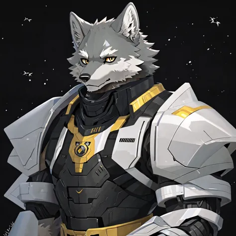 fang, dogboy,wolf, gray wolf，uhd，well-armored mechanical wolf，golden pupils，black pupils，platinum mech，pure black background，whi...