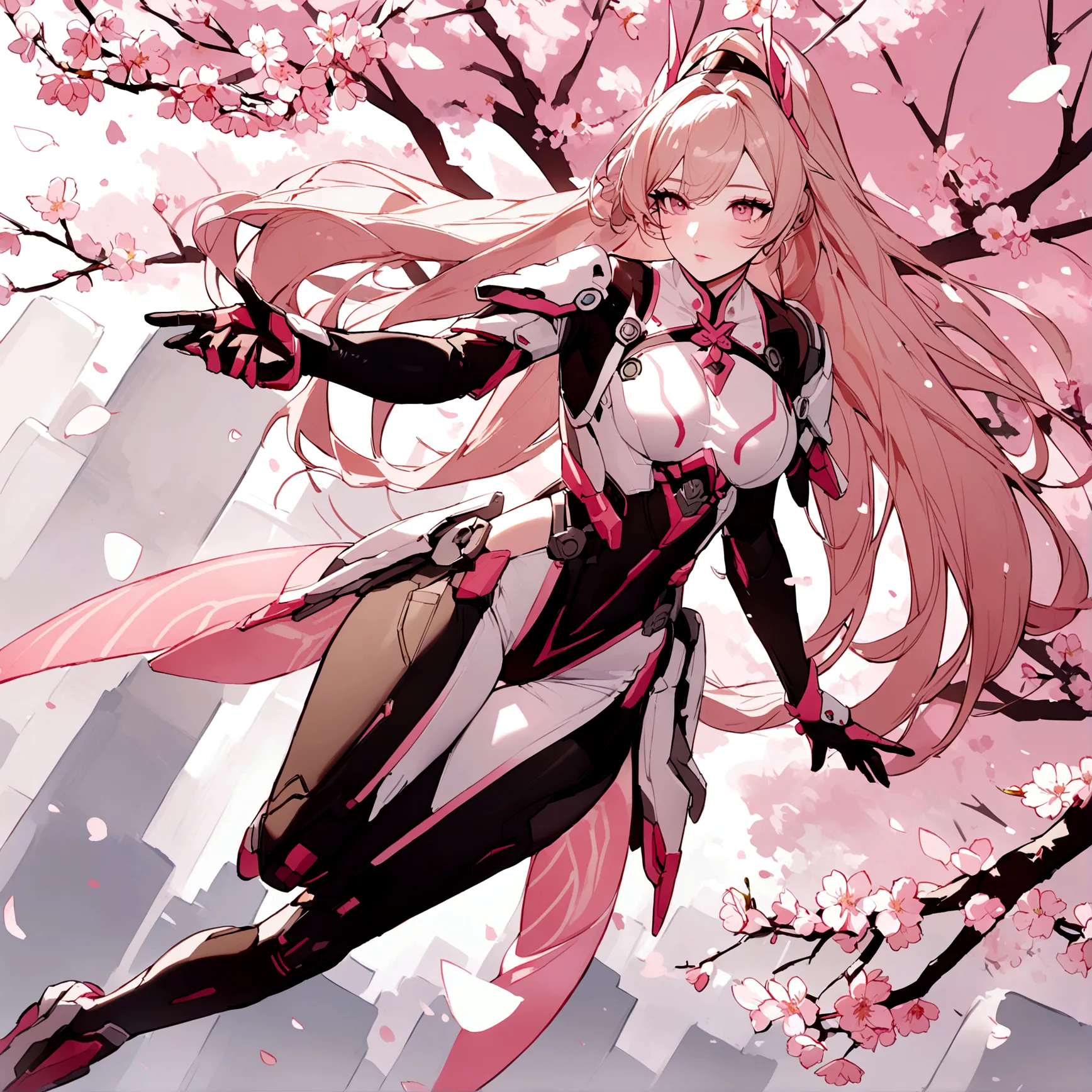 Pink mercy with long hair from overwatch surrounded by cherry blossoms in flight