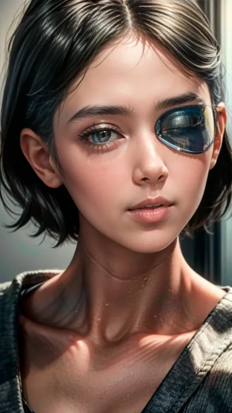 a young sick girl with an eye patch, in a hospital waiting room, beautiful detailed eyes, beautiful detailed lips, extremely det...