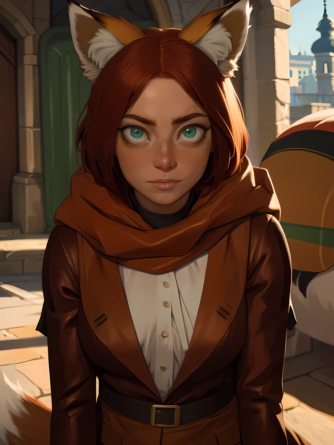 kemono girl, (((fox ears))), Emma Stone, a thief, wearing a tunic, a red shemagh scarf, brown leather pants, | green eyes, red hair, short hair, ((freckles)), parted lips, (((disgusted))), (((rolling eyes))), dynamic pose, in medieval streets, at day, | (8k, RAW photo, best quality, masterpiece:1.2), ultra-detailed, (high detailed skin:1.2), 8k uhd, dslr, soft lighting, high quality, ((upper body:1)), (centered:1.2), ((LOOKING at the VIEWER)), asura, film grain, highly detailed shading, ((perfect_hands):1), Goodhands-beta2, Detailed eyes, perfect face, perfect eyes, Detailed face