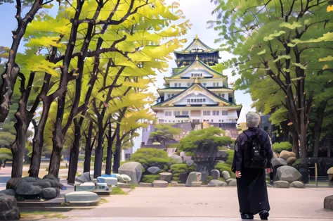 a fifty-year-old man in front of a castle with a tree in the foreground, japan tourism, japanese temples, himeji rivendell garde...