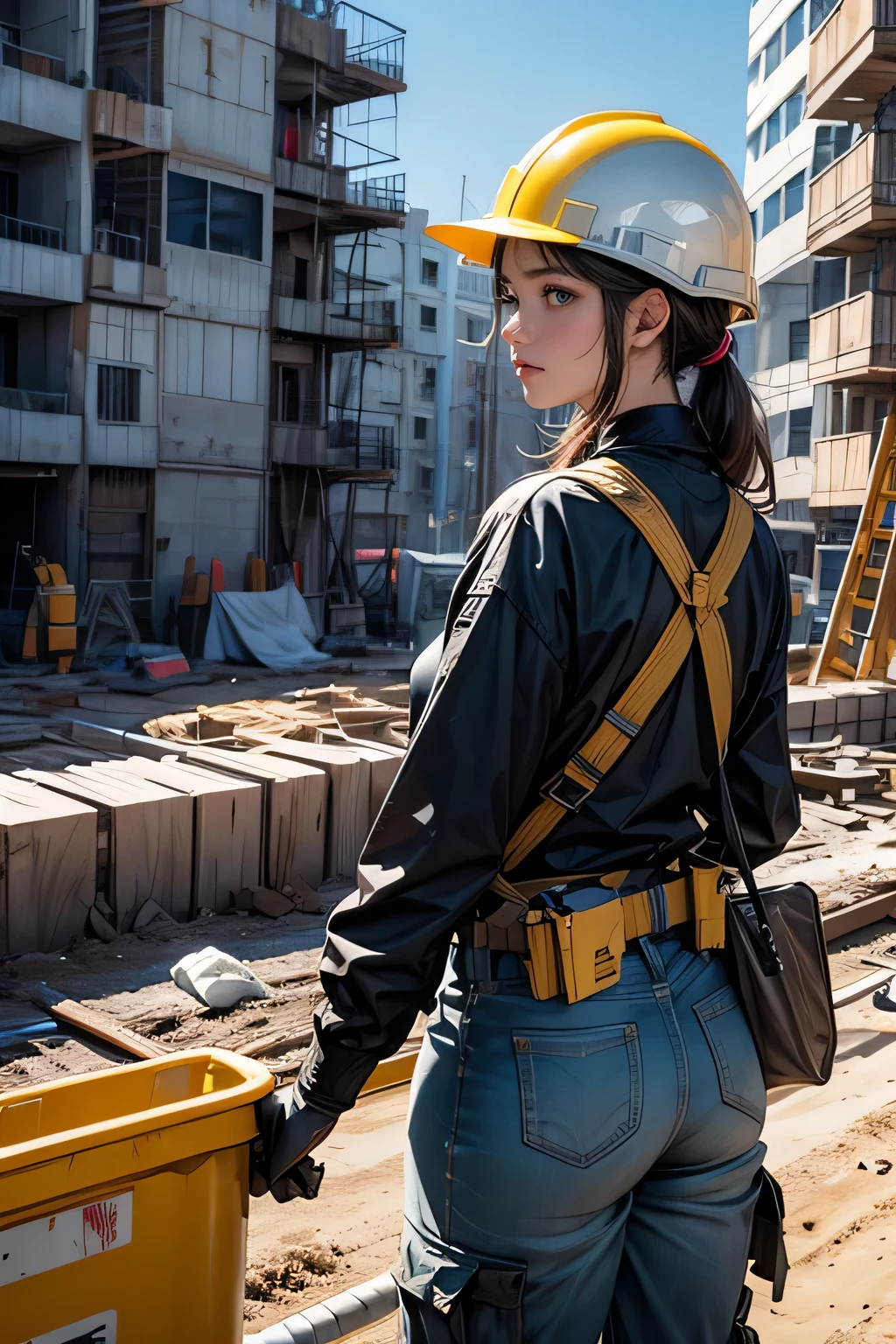 (High resolution,4K,Highest quality:1.2),Very detailed,(Realistic:1.37), Girl at the construction site, wear long sleeve shirts, cargo pants, Helmet, Safety harness for working at height, Large-scale construction site,Professional,Industrial Lighting,Vibrant colors,Bokeh,Gritty atmosphere [Construction worker], [Urban], [Dynamic pose], [Powerful methods], [security policy], [concrete], [crane], [Dust and debris], [Blueprint], [construction machinery], [steel frame], [Helmet], [Work gloves], [scaffold], [Watch her from behind], [Construction site signage], [Noise and activity], [Yellow caution tape], [Sunlight and shadow], [Busy workers], [Dirt and mud], [Construction Vehicles], [diligence] ,[She watches over the construction site from above...]This Professional prompt、I hope it helps you to create something beautiful, Detailed images of girls working on a construction site.。