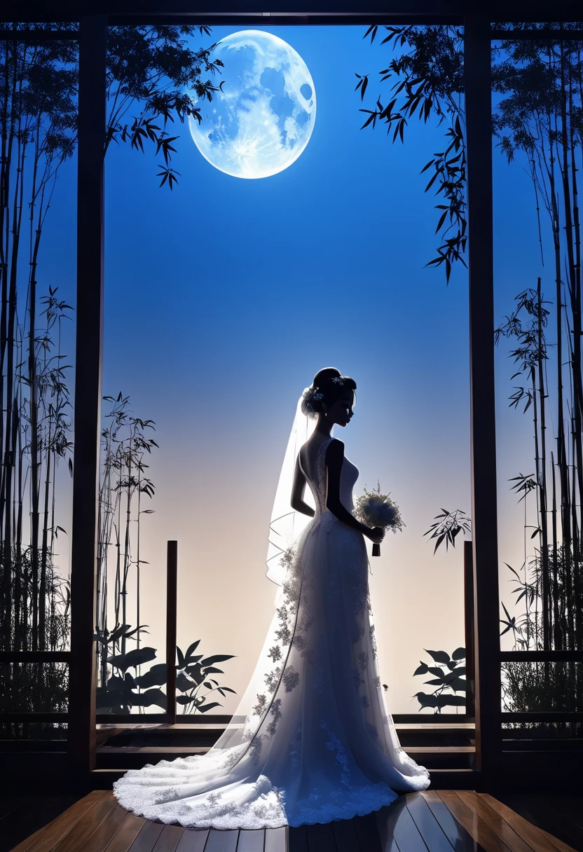 (((искусство силуэта:1.4))), 1Свадебная одежда, (двойной контакт:1.3), Невеста в свадебном платье стоит одна на свадьбе в ресторане，Вид на японский сад, окруженный бамбуковым лесом., голубая луна, (крупный план), продвигать, сложный, (Лучшее качество, шедевр, Представительская работа, официальное искусство, Профессиональный, единство 8k обои:1.3)