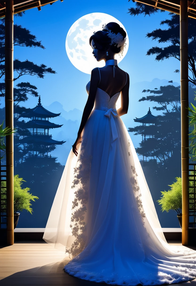 (((Silhouette Art:1.4))), 1Bridal Clothing, (Double contact:1.3), A bride in a wedding dress stands alone at a restaurant wedding，Overlooking the Japanese garden surrounded by bamboo forest, Blue Moon, (close up), promote, complicated, (best quality, masterpiece, representative work, Official Art, professional, Unity 8k wallpaper:1.3)