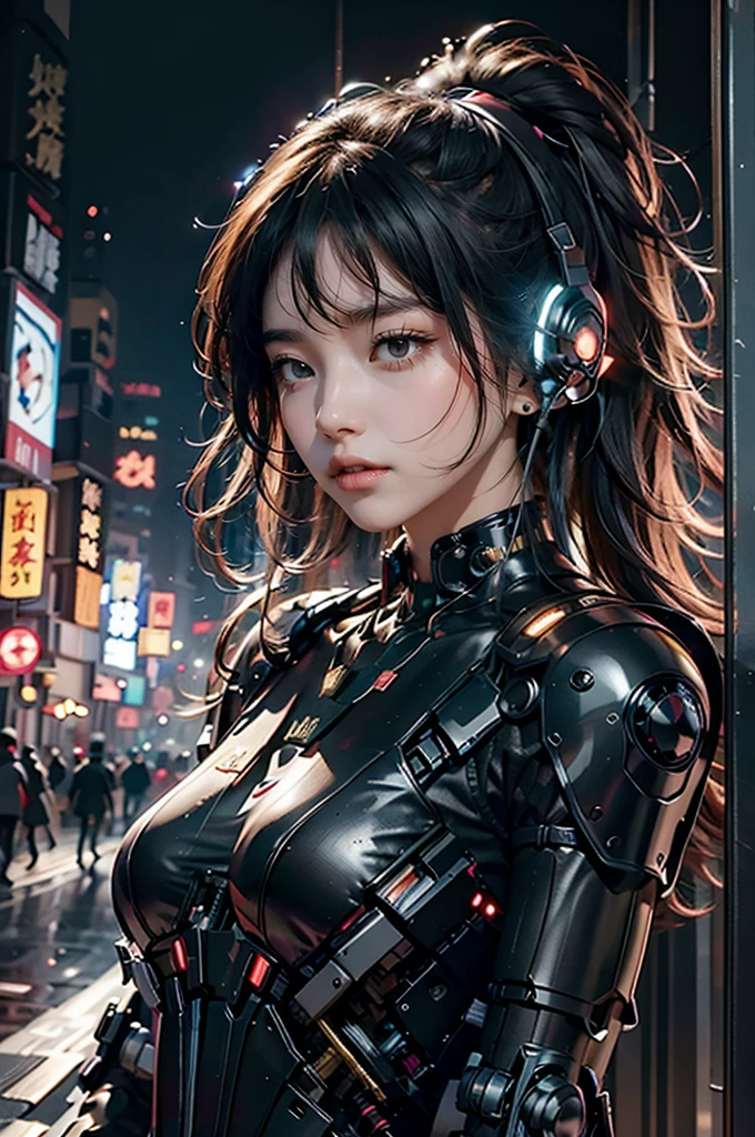 best quality，masterpiece，16K，1 Girl,cyberpunk,earphone,Mechanical earphone,Luminous earphone,Broken Mechanical Jewels,technical background,Front view,Robotic Arm,The mechanical structure of the earphone is similar to that of a pistol.,Slightly expose the chest,Multi-light earphone,Earphone with a very complex mechanical structure,Multi-light source neck protection,Glows red,形状怪异的Mechanical earphone,超复杂Mechanical earphone,Black mechanical armor,Multiple light points throughout the body,City background,Multi-light background,Skyscraper,night