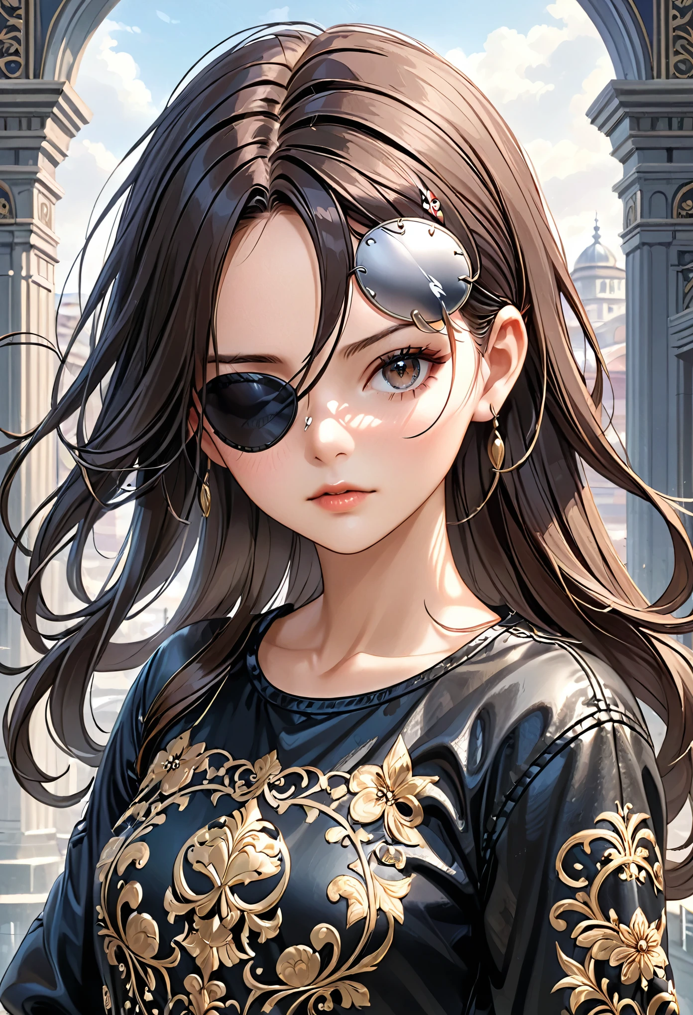 Abbildung eines Mädchens mit Augenklappe, (einzelne Augenklappe:1.5), schwarze einzelne Augenklappe aus Leder, aufwendig detaillierte Augenklappe, (Meisterwerk), (beste Qualität), (hohe Details), komplizierte Details,. komplizierte Detailstruktur