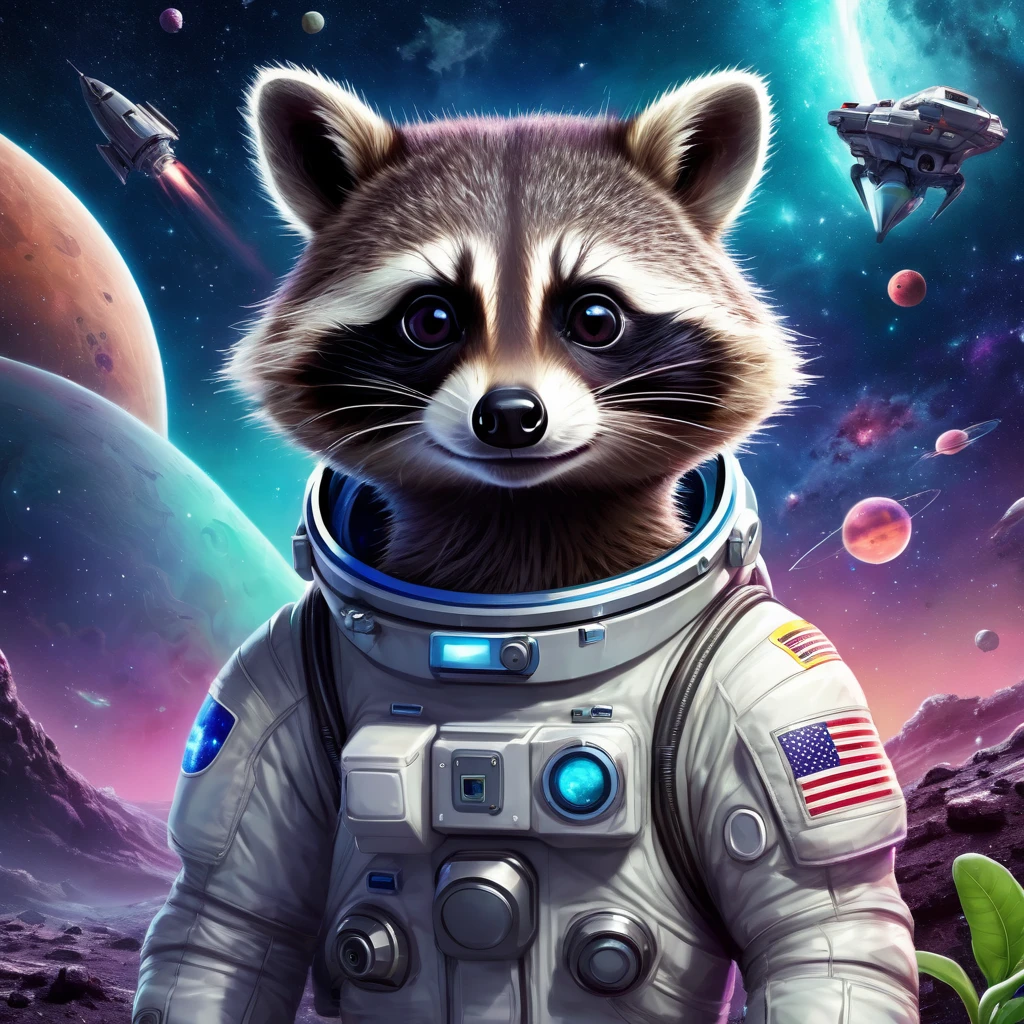 Create an incredibly captivating and whimsical image featuring an "Adorable Raccoon Humanoid Astronaut." Picture a cute, humanoid raccoon dressed in a sleek, high-tech astronaut suit, complete with a clear helmet that reveals its curious, bright eyes and expressive face. The raccoon is standing on the surface of a vibrant, alien planet with a spectacular cosmic backdrop of swirling galaxies, colorful nebulae, and distant stars.

In the foreground, the raccoon is holding a futuristic gadget, examining an otherworldly plant that glows with bioluminescent light. Surrounding the raccoon are various alien flora and fauna, each with unique and fantastical designs, adding to the sense of wonder and exploration.

The raccoon's suit features a small emblem of a rocket and paw print, emphasizing its adventurous spirit. The color palette should be a mix of deep space blues and purples, contrasted by the bright, neon colors of the alien environment and the warm, inviting tones of the raccoon's fur.

The entire image should evoke a sense of joy, adventure, and discovery, capturing the charming and heroic essence of this adorable raccoon astronaut in a beautifully imagined extraterrestrial setting.