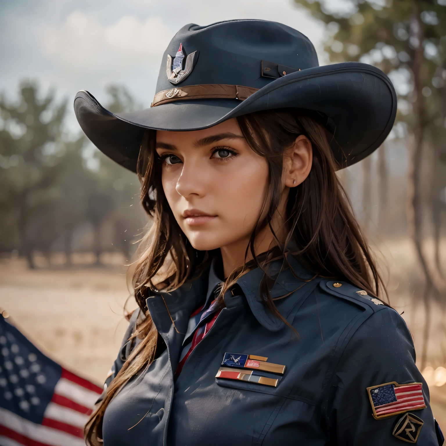 1girl, determined look off into the distance, dark gray eyes, light brown hair, Navy Blue cowboy hat with United states eagle emblem, general ww2 Blue suits, general ww2 Blue hats, soldiers in the background, red blood element, hd light and dark, balance rendering, HD lighting and dark )<=(epic image quality) dark atmosphere