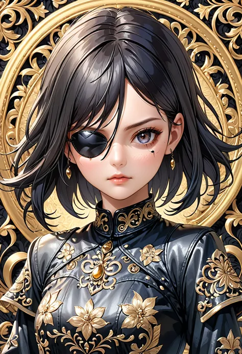 illustration of a girl with Eyepatch, (single eyepatch:1.5), black leather single eye patch, intricate detailed eye patch, (Mast...