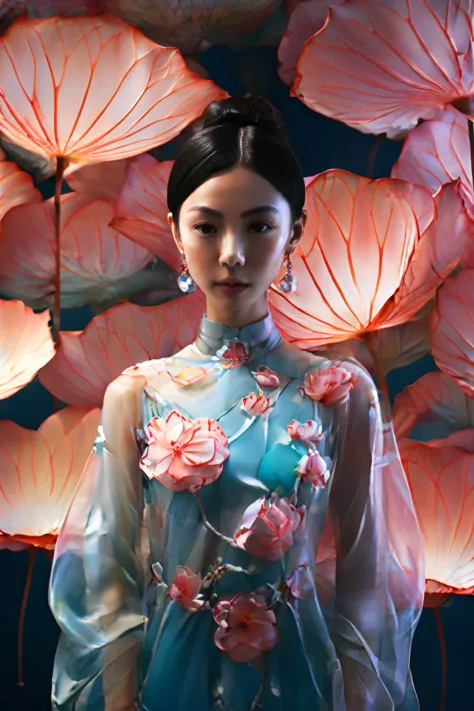 Image of a beautiful woman covered in plum blossoms, Using VRay tracking style, Snow Scene, body fluid, Glass Sculpture, Macro z...