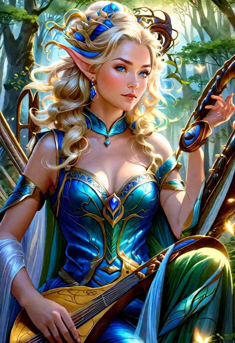 mulher arafada com uma harpa, in a forest with trees, bardo da floresta tocando harpa, graphic artist magali villeneuve, fantasy...