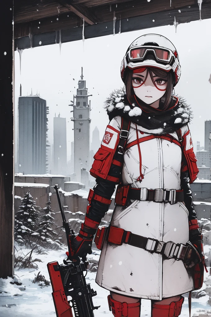 masterpiece, best quality, 1girl, closeup, 1girl, snipler, white outfit, (red goggles), holding a rifle, winter, snowstorm, snowfall, white, city ruins, desolate, watercolor, sketch