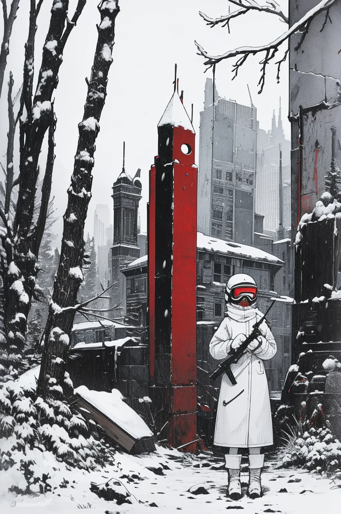 masterpiece, best quality, 1girl, closeup, 1girl, snipler, white outfit, (red goggles), holding a rifle, winter, snowstorm, snowfall, white, city ruins, desolate, watercolor, sketch