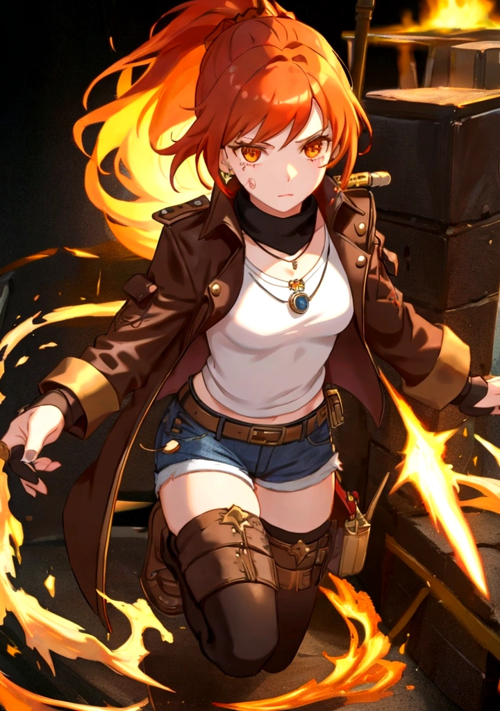 A stylish female assassin, 19 years old, with short fiery red-orange hair and a deep voice. She wears a black leather jacket and denim shorts, with a dagger attached to her thigh. Her leather jacket features subtle patterns of feathers, intricate stitching, and metallic studs on the shoulders and cuffs. She has a flame tattoo on her arm and fingerless gloves on her hands. Her eyes glow with a golden hue. She has a few scars on her face, adding to her tough appearance. She wears a necklace with a small pendant, and multiple rings on her fingers. Her muscular build and determined expression emphasize her role as a formidable assassin. She stands confidently against a pure white background, exuding a strong and rebellious attitude.