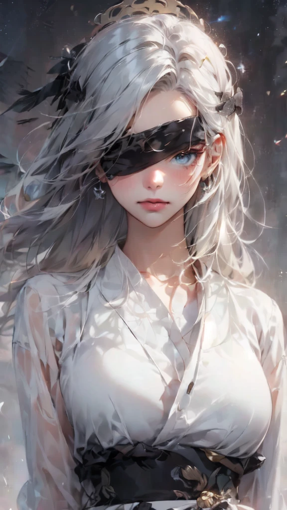 A beautiful girl wearing a white and black cloth covering her eyes，Silver hair，There is a pair of colorful wings on the temples，White Dress，The clothes have golden patterns，Looking down at the audience，Floating in the air，The background is a bright sky，White clouds fluttering，There is a huge golden halo behind，Wings above the head，Big breasts