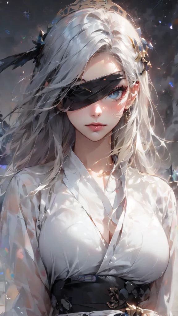 A beautiful girl wearing a white and black cloth covering her eyes，Silver hair，There is a pair of colorful wings on the temples，White Dress，The clothes have golden patterns，Looking down at the audience，Floating in the air，The background is a bright sky，White clouds fluttering，There is a huge golden halo behind，Wings above the head，Big breasts