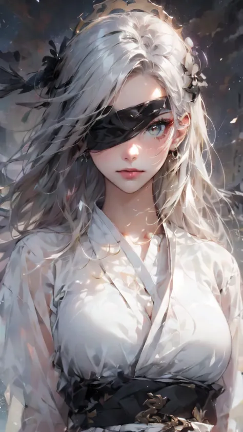 a beautiful girl wearing a white and black cloth covering her eyes，silver hair，there is a pair of colorful wings on the temples，...